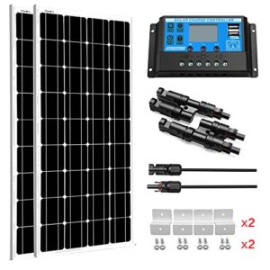 SUNGOLDPOWER 200 Watt 12V Monocrystalline Solar Panel Module Kit：2pcs 100W Mono Solar Panel Solar Cell Grade A +20A LCD PWM Charge Controller Solar+Solar Panel Connector Extension Cables+2 Sets of Z-B