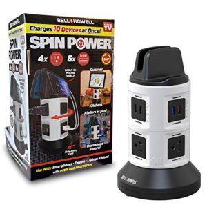 Spin Power by Bell+Howell Surge Protector Electric Charging Station 4 Outlets 6 USB Ports with 7ft Retractable Cord Built-in Phone Holder As Seen On TV